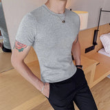 Momentlover -  Summer New Men Fitness Short Sleeve Leisure Round Collar Slim Fit T-shirts Male Fashion Korean Solid Color Tops Shirts L18