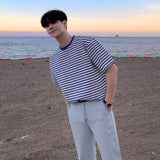 Momentlover  -  Men Summer New Korean Striped Short Sleeve T-shirt Men's Loose Round Neck Tee Shirts Male Cotton Casual Clothes Tops V29