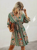 Back to School Summer Comfortable Leisure Dresses V-neck Above Knee Mini Casual Floral Empire Pullover Cotton Three Quarter Women's Clothing
