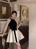 Geuxml  Women Fashion Office Elegant Dress Sleeveless Beach Slim Party Prom French Lady Black White Mini Dresses Bow Clothes Temperament