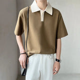 Momentlover  -  Summer Button Breathable Short Sleeve Waffle Elasticity Turn-down Loose T-Shirt Patchwork Korean Business POLO Oversize Shirt