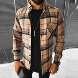 Momentlover Business Casual Plaid Print Wool Shirt Jacket Men  Spring Single Breasted Lapel Top Autumn Pocket Patchwork T-shirt Cardigan