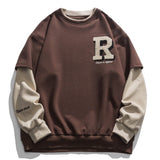 Momentlover Vintage Flocked Letter Fake Two Patchwork Hoodie Pullover Harajuku Sweatshirts Men Hip Hop Streetwear Loose Casual Tops