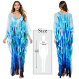 Blue Bohemian Embroidered Batwing Sleeve Side Split Summer Beach Dress Chiffon Tunic Women Plus Size Beachwear Kaftan Q746