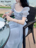 Summer Blue Elegant Fairy Dress Women Bow Bandage Party Midi Dresses Casual Korean Fashion Lace Chic Lolita Dress Female
