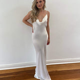 Sexy Spaghetti Strap Metal Zipper Back Open Satin Maxi Dress Long White Tunic Women Summer Clothes Elegant Party Dresses A1335