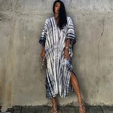 Printed V-Neck Batwing Sleeve Side Split Loose Dress For Women Clothes Plus Size Beachwear Maxi Dress Q1218