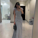 elegant Feather Y2K Clothes Sleeveless Backless Side Slit Bodycon Maxi Dresses For Women  Club Party Evening
