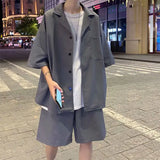 Momentlover  -  Summer Men's Sets Half Sleeve Blazer Suits Solid Short Sleeve Button Shirt + Shorts Korean Handsome Loose  2 Piece Set Outfits