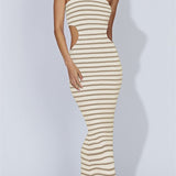 Women Tube Dress Strapless Off Shoulder Cutout Solid Color/Striped Print Knitted Long Dress Summer Beach Vestido