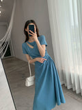 Geuxml  Summer Short Sleeve Black Vintage Casual Elegant Midi Dress Beach Pleated Out Women Party Fashion Dresses Vestidos largos
