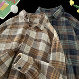 Momentlover  -  Korean Street Plaid Shirt Coat Men's Long Sleeve Turn Down Collar Casual Shirts Vintage College Style Unisex Fashion Clothing