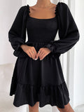 Back to School Women Elasticity Dress Ruffle High Waist Tight A-line Dress  Pullover Square Collar Long Sleeve Ruffled Dresses