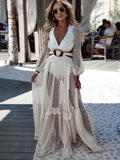 Sexy Deep V-neck Cut Out Long Sleeve Maxi Dress Long White Lace Tunic Party Women Clothes  Summer Beach Dress