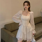 Hotsweet Women Dress Slim A-LINE Princess Sleeves Korean Empire Square Collar Chiffon Flounced Edge Solid Pullover Sexy Dress