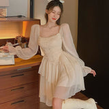 Hotsweet Women Dress Slim A-LINE Princess Sleeves Korean Empire Square Collar Chiffon Flounced Edge Solid Pullover Sexy Dress