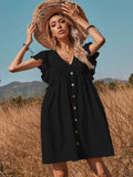 V-Neck Button A-Line Dress Solid High Street Ruffled Sleeveless Mini Dresses Casual High Waist Holiday Beach Dresses A1173