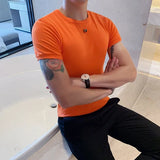 Momentlover -  Summer New Men Fitness Short Sleeve Leisure Round Collar Slim Fit T-shirts Male Fashion Korean Solid Color Tops Shirts L18