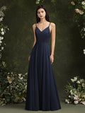 Stock Champagne Lace Chiffon Bridesmaid Dresses Women A-Line V-Neck Beach Dress Spaghetti Strap Formal Wedding Prom Party Gowns