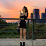 Y2K Women Black Dress Hollow Out Spaghetti Strap  Lace Up Night Club Party Sexy Bodycon Mini Dress  Summer Casual Dresses