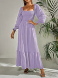 Back to School Vintage Square Neck Midi Dress Long Sleeve Ruffle A Line Robe High Waist Elasticity Commuter Office Lady Casual Long Dresses