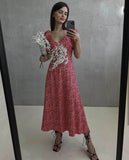 Summer Floral Print Dress for Women V-Neck Vintage French Style Puff Sleeve Boho Long Maxi Dress Urban Retro Vestidos Mujer
