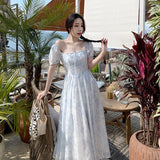 Sky Blue Printed Maxi Dresses for Women Summer Beach Style Boho Long Square Collar  Vestido Midi Elegante French