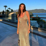 Thanksgiving Day Gift  Elegant Fashion Solid V-Neck Dress Outfits Summer Women Evening Party Prom Club Backless Sleeveless Maxi Dresses