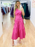 Red Boho Asymmetrical Solid Color Sexy One Shoulder Straped Bodycon Midi Dress Women Casual Summer Party Slip Dresses A1233
