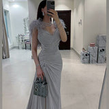 elegant Feather Y2K Clothes Sleeveless Backless Side Slit Bodycon Maxi Dresses For Women  Club Party Evening