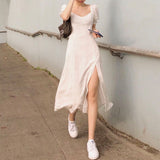 French Ruffle Dress Women Sexy Puff Sleeve Split Dress Office Lady Korean Style Summer Elegant Chiffon Fairy Dress
