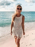 White Crochet Tunic Bikini Cover-Ups Sexy Hollow Out Sleeveless Fringed Mesh Dress Women Beach Wear Casual Mini Dress Q1398