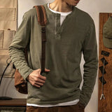Momentlover   -  Spring And Autumn Large Size Henley Shirt Mens Long Sleeve T-Shirt American Retro Loose Sports Bottoming Shirt Loose Top