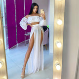 Women Mesh Sheer Bikini Cover-Ups Set See-Through Long Sleeve Crop Tops And Cover Up Skirts Two Piece Swimwear Beach Dresses