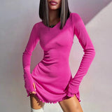 Solid Knitted Mini Dress for Women Elegant Outfits Fall Long Sleeve Bandage A-Line Vestido Plunge Dresses Clothes