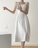 themeisles Korean Straps Midi Dress for Women  New Fashion Elegant Square Collar Sleeveless White Dress Chic Fairycore Vintage Dresses