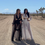 Sexy Deep V-neck Cut Out Long Sleeve Maxi Dress Long White Lace Tunic Party Women Clothes  Summer Beach Dress