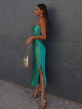 Women Chic Sling Strap Off Shoulder Midi Green Satin Backless Dress Club Party Sexy Skinny Women Summer Dress