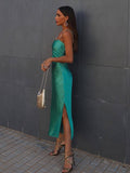 Women Chic Sling Strap Off Shoulder Midi Green Satin Backless Dress Club Party Sexy Skinny Women Summer Dress