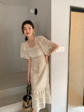 Lace Floral Printed Fashion Chic Satin Vintage Woman Bodycon Dress Square Collar Short Sleeve Hollow Out Vestido De Mujer