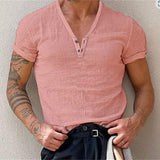 Momentlover Cotton Casual t Shirts Mens Clothing Solid Short Sleeve Polos Shirts Summer Fashion Man Streetwear Button V-neck Tee Tops
