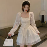Hotsweet Women Dress Slim A-LINE Princess Sleeves Korean Empire Square Collar Chiffon Flounced Edge Solid Pullover Sexy Dress