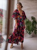 Floral Printed V-Neck Short Sleeve Self Belted Cotton Dress Tunic Women Summer Clothes Street Wear Maxi Dresses A1341