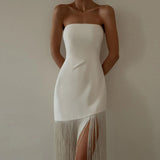 Women Summer Style Dress Lady Sexy Strapless Sleeveless Tassel Decor Sheath Dress Vestidos SS281