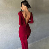 Summer New Fashion  V-neck Slim Fit Pleated Solid Long Sleeve Dress Maxi Evening Dresses for Women