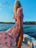 Wrinkle-Free Pink Eyes Chiffon Dresses Sexy Short Sleeve  Summer Beach Dress Women Beach Wear Swim Suit Cover Up D1
