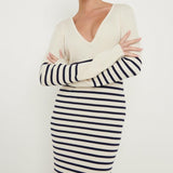 Women Knitted Long Dress Long Sleeve Deep V Neck Striped Dress Slim Fit Spring Autumn Female Vestidos Streetwear