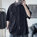 Momentlover  -  Told Tale Men's Wavy Grain Pleated Blouse Lapel Short Sleeve Streetwear Casual Male Loose Leisure Solid Shirts Men Clothing