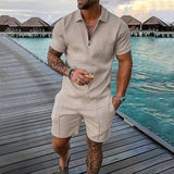 Momentlover Men's Polo Suit Fashion Men Sets Mens Solid Color Summer V-neck Zipper Short Sleeve POLO Shirt+Shorts Two Pieces Men Casual Suit