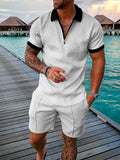 Momentlover Men's Polo Suit Fashion Men Sets Mens Solid Color Summer V-neck Zipper Short Sleeve POLO Shirt+Shorts Two Pieces Men Casual Suit